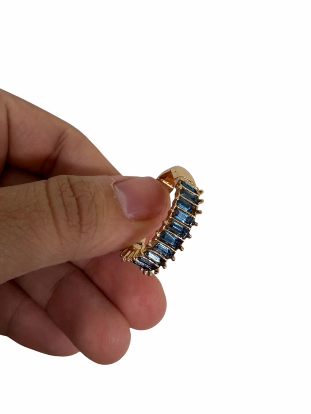 Faux blue square diamond stretchy gold ring
